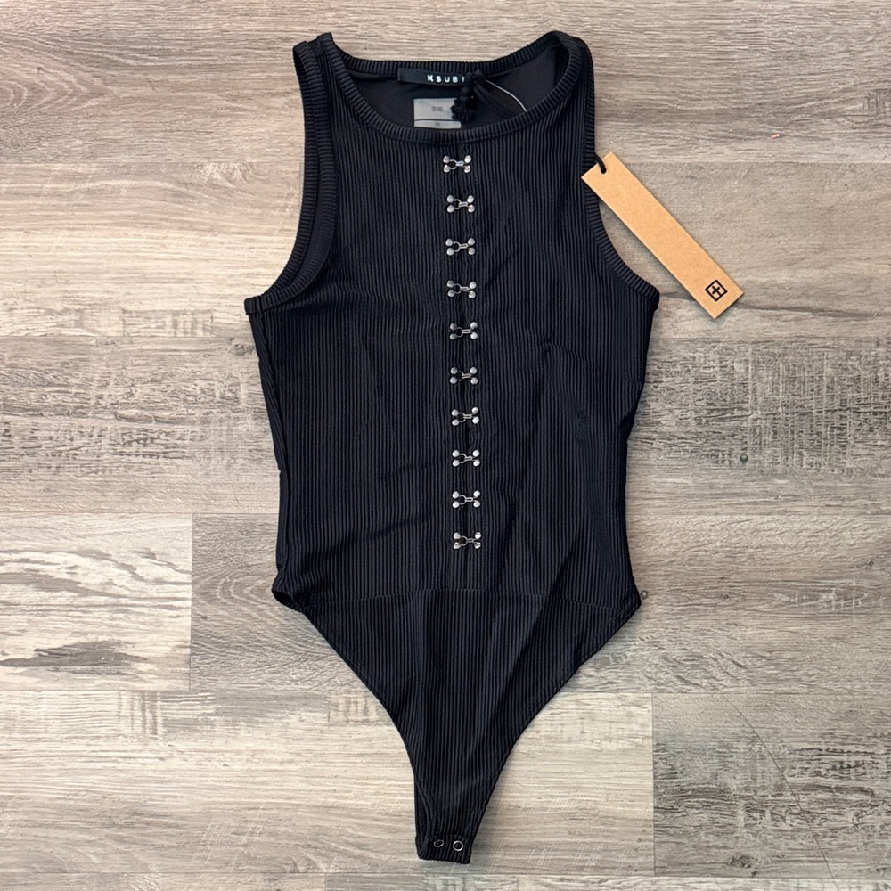Ksubi Black Ribbed Hook-Front Tank Bodysuit